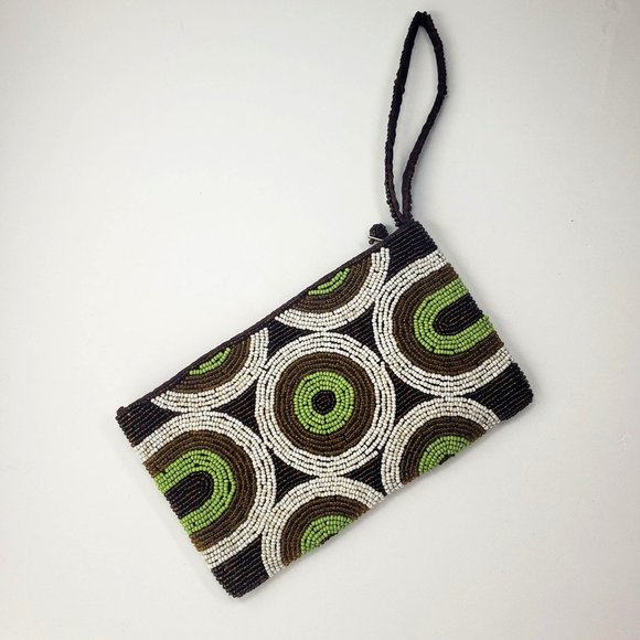 Vintage beaded zip clutch Retro brown, green, white circle motif handbag wallet - Picture 13 of 14
